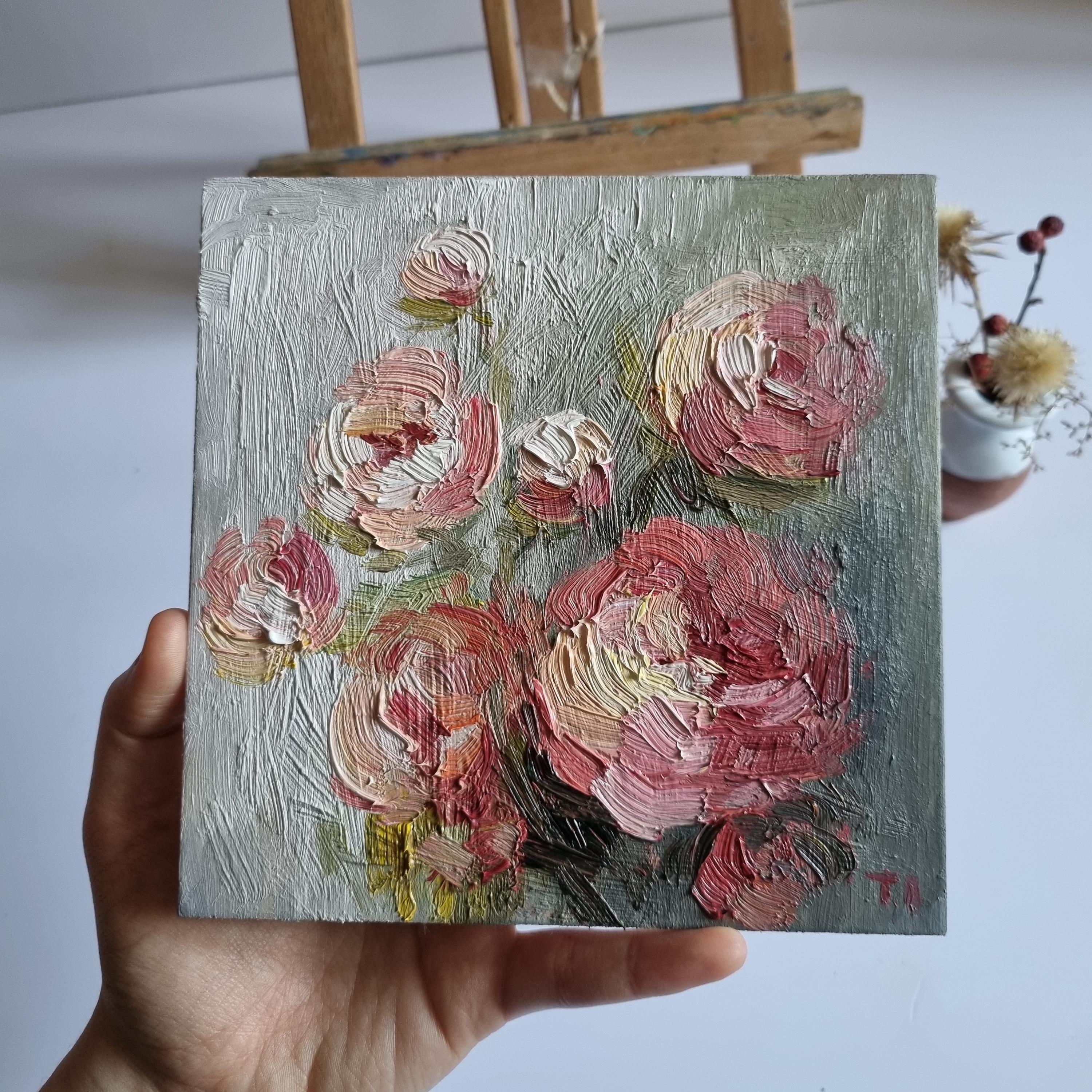 オリジナルの牡丹のバラの油絵：花のインパストアート（6x6インチ
