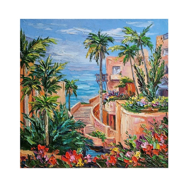 Tenerife Original Painting, Seascape Painting,Seascape Tenerife Painting,Spain Painting,Pink Hotel Painting,Wall Art,13 by 13 inches
