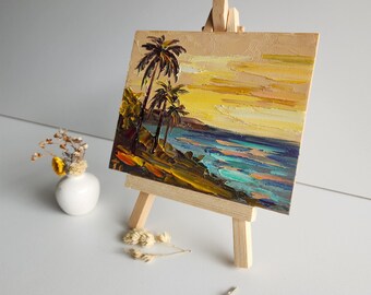 ハワイの海景油絵、オリジナルビーチサンセットアート（4 x 5インチ