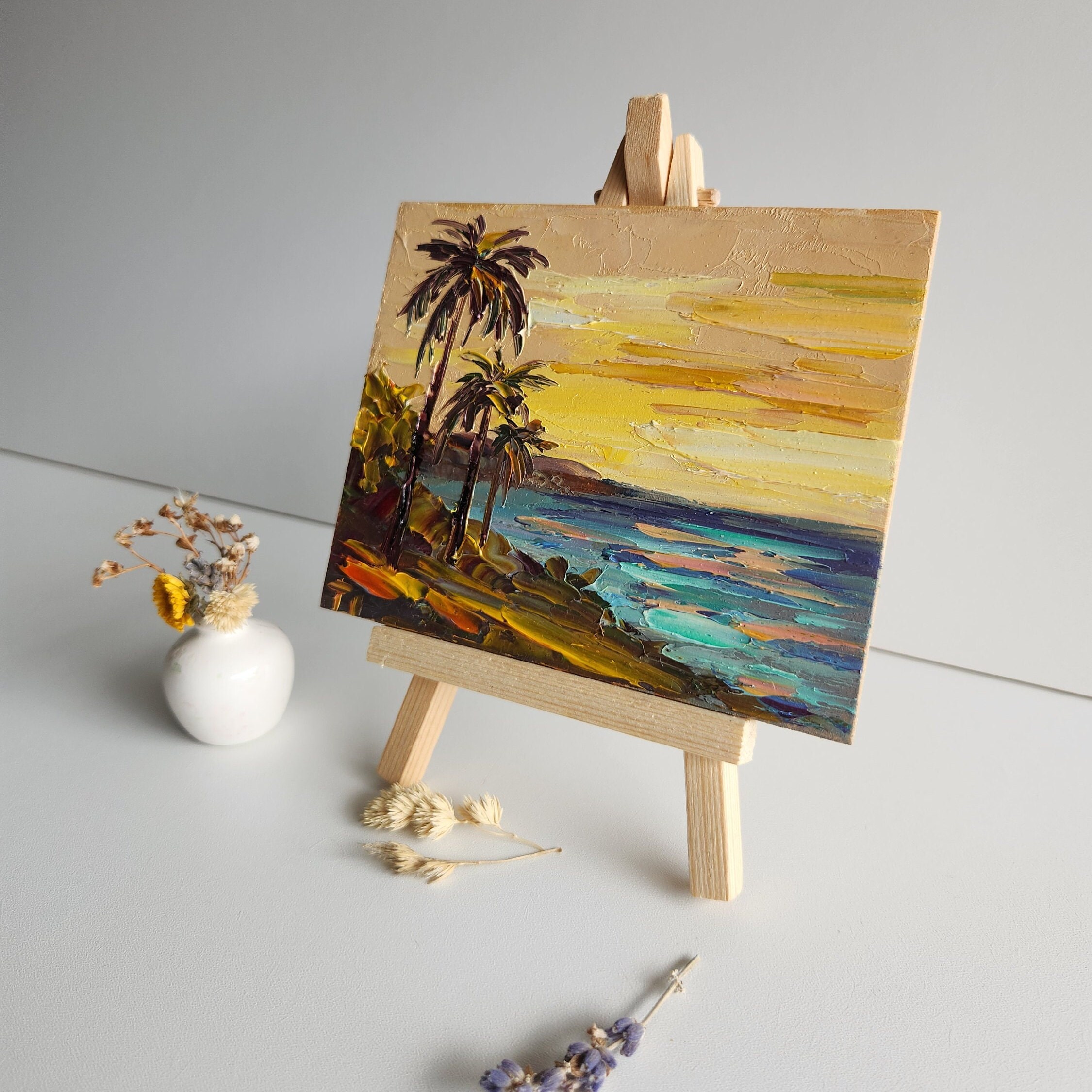 油絵　アート　ハワイ　サンセット　海の絵 ハワイの海景油絵、オリジナルビーチサンセットアート（4 x 5インチ
