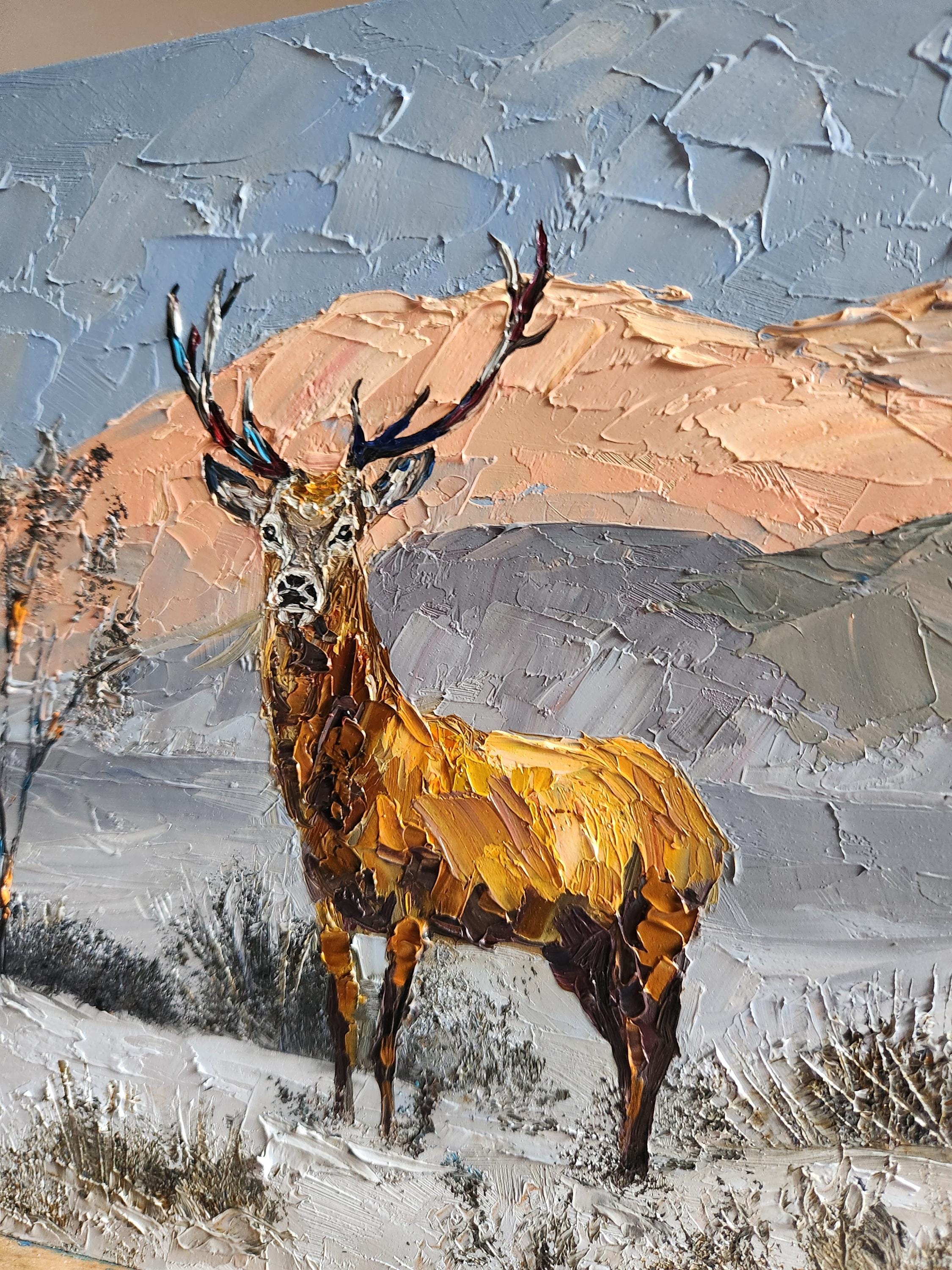 鹿の油彩画 オリジナルの鹿の油絵：ジャスパー風景野生動物アート（10 x 10インチ