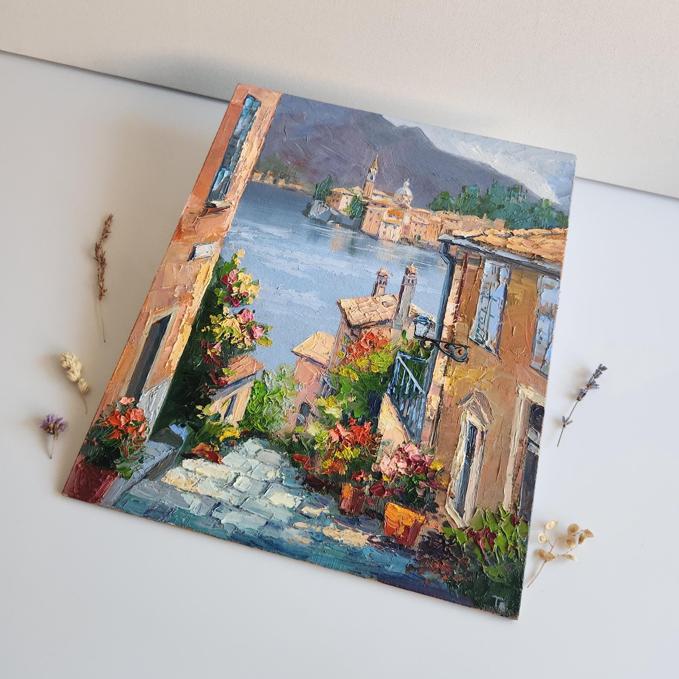 コモ湖の街並みを描いた油絵：イタリアの風景画（12 x 10インチ