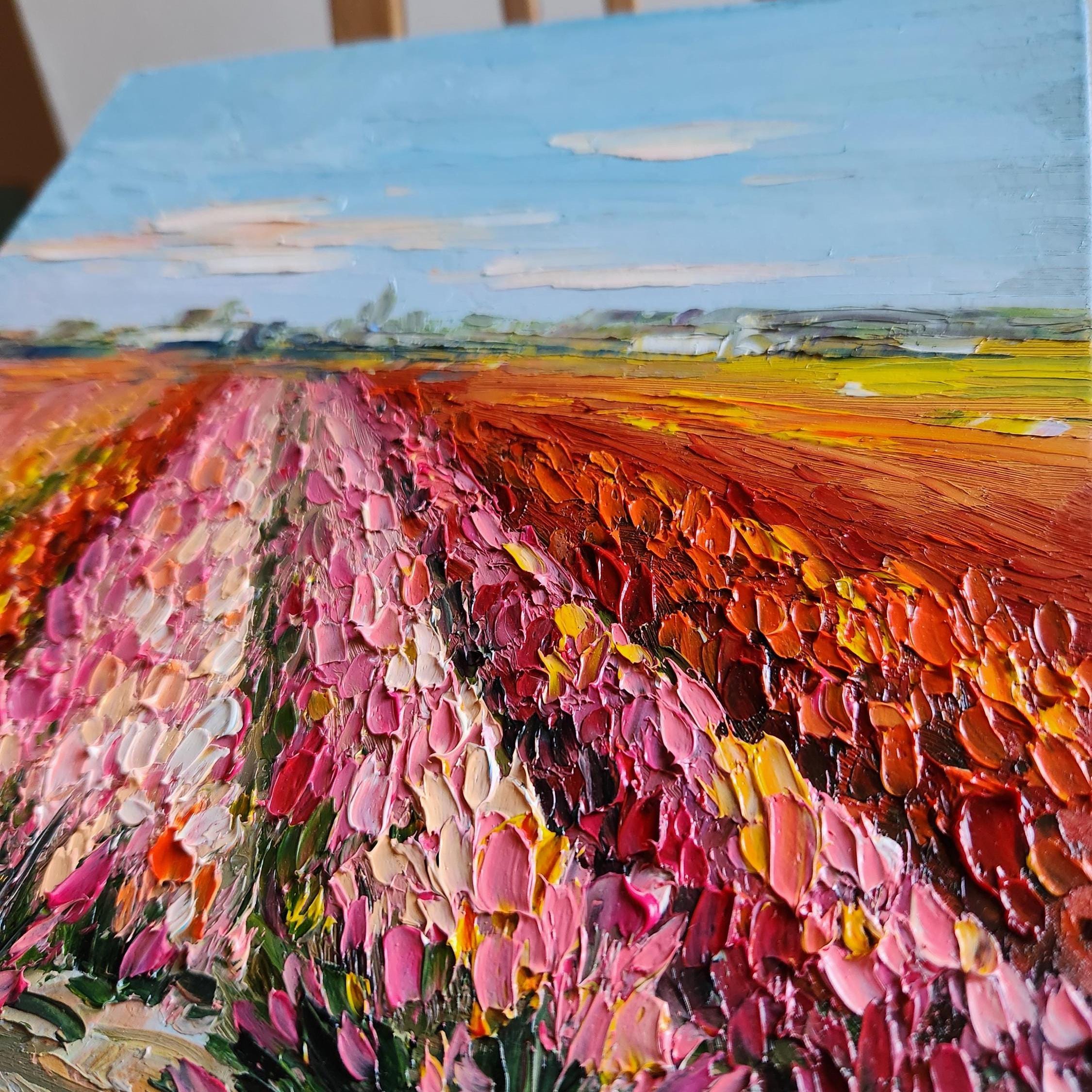 オランダのチューリップ畑の油絵：カラフルな風景画、8 x 8インチ