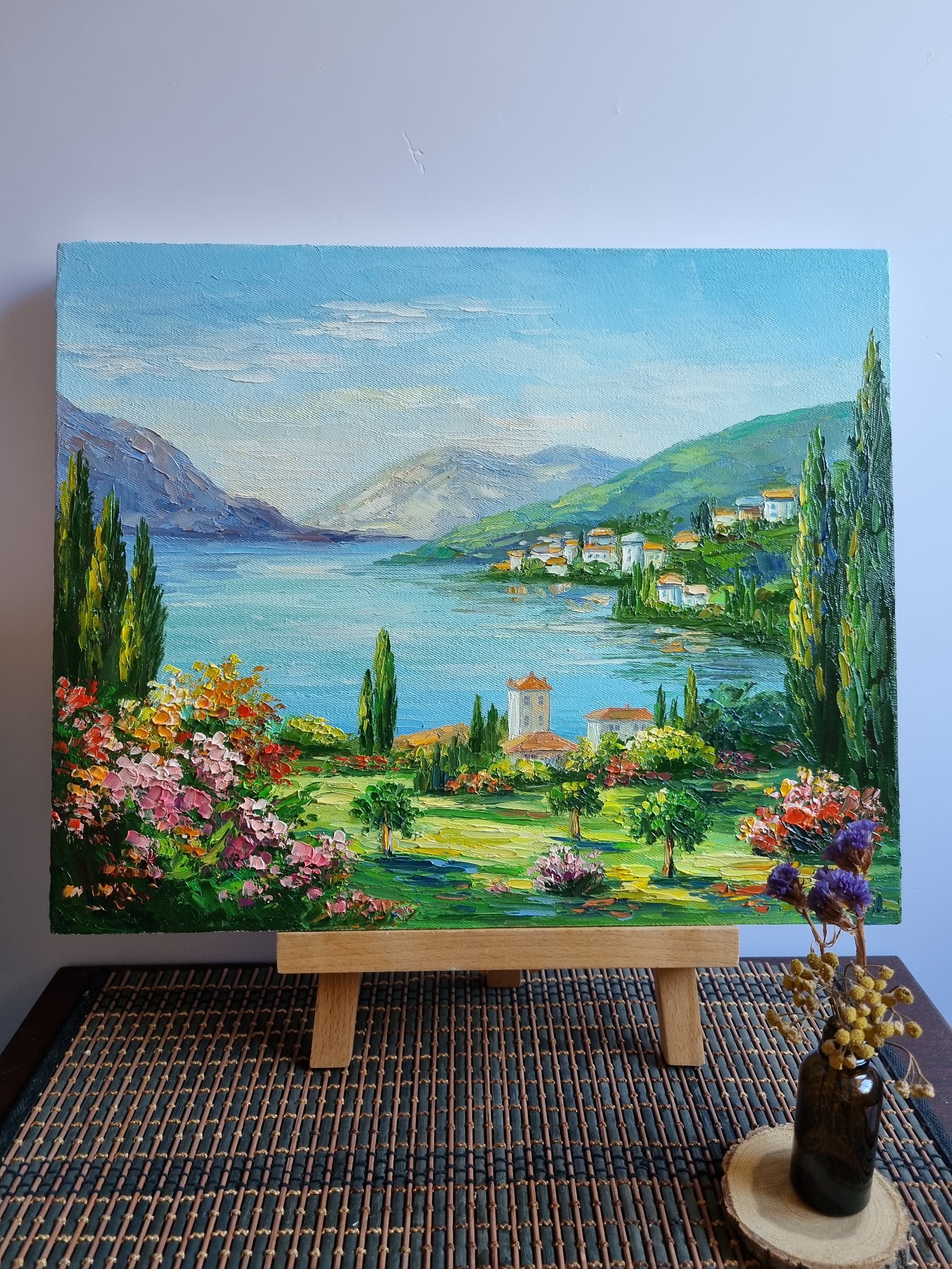 コモ湖の絵画、イタリアの風景画、油絵 13x16 - Etsy 日本