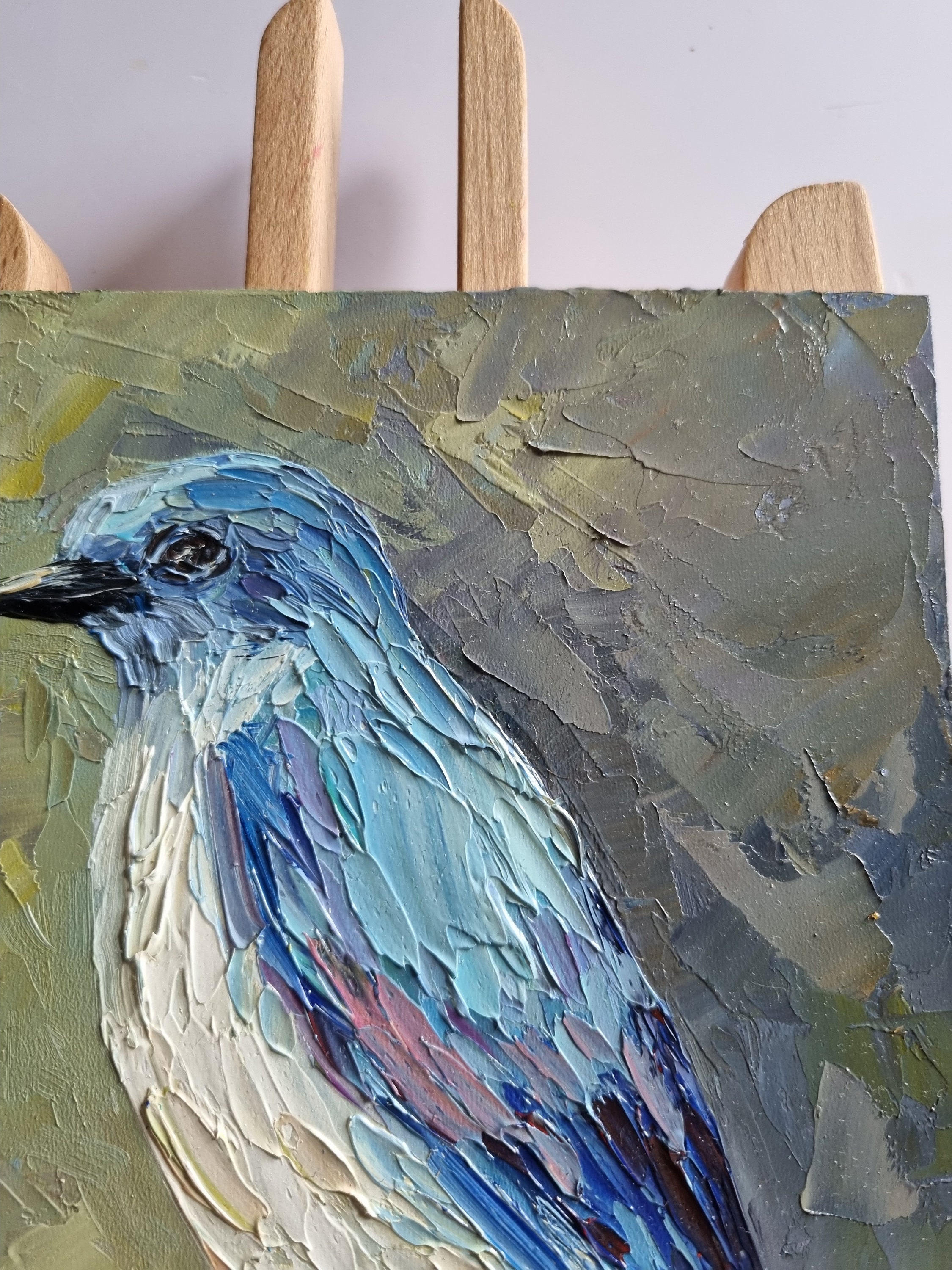 青い鳥の油絵、かわいい静物画、モダンな室内装飾（8 x 6インチ