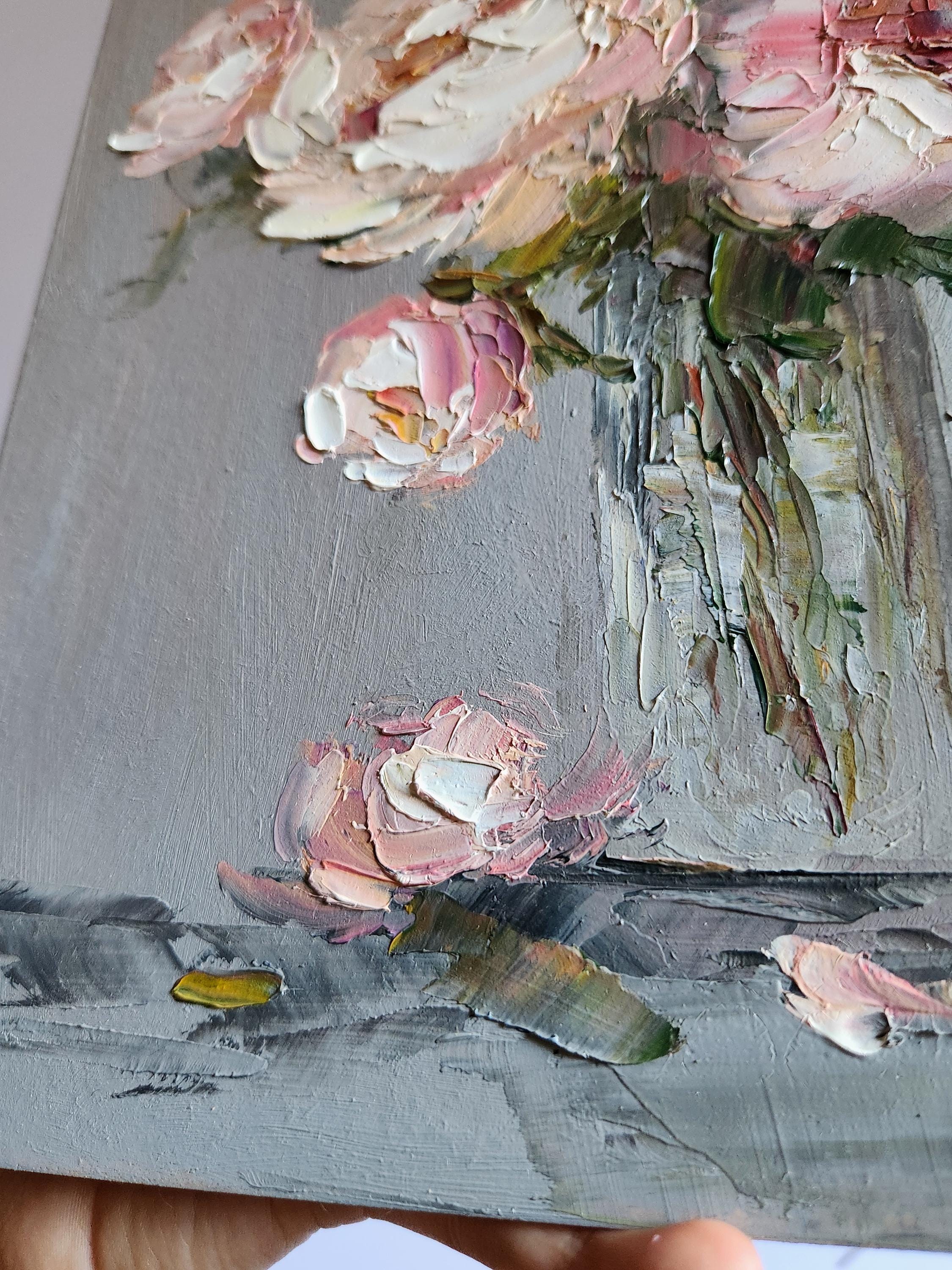 Pink Peony Oil Painting: Impasto Floral Wall Art (12x10 Inches) - Etsy