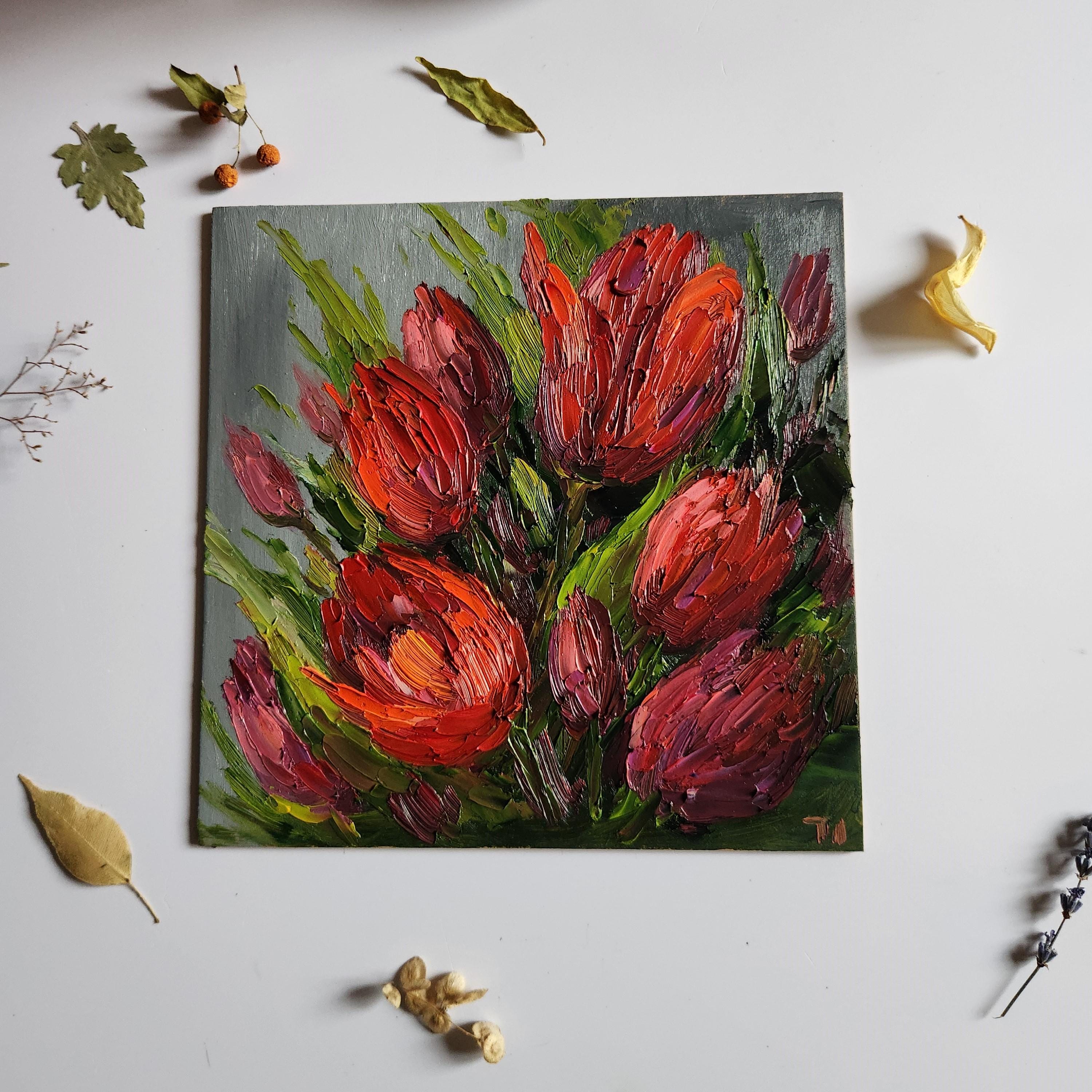 チューリップの絵画 赤いチューリップの絵画 油絵 花の絵画 壁