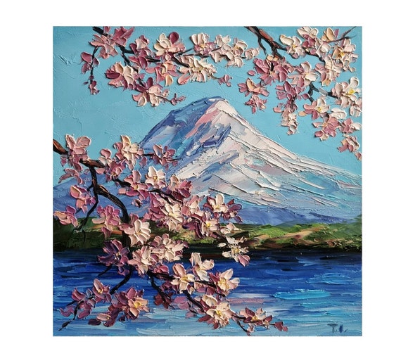 辰　oilpainting from Japan Sakura Oil Painting: Mountain Landscape, Japanese Blossom Art