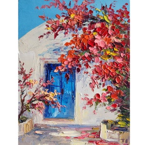 Greece Painting Greece Flowers Santorini Painting Mediterranean Painting Mediterranean Art Seascape Painting Wall Art 8 by 6