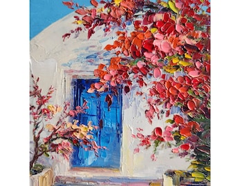 Greece Painting Greece Flowers Santorini Painting Mediterranean Painting Mediterranean Art Seascape Painting Wall Art 8 by 6