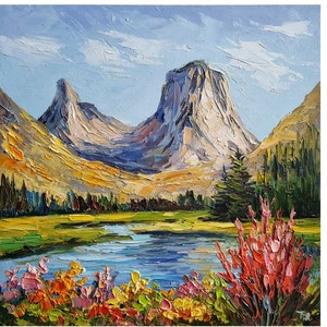 Pintura de St Wyoming Pintura floral Paisaje de montaña Pintura de montaña Pintura de lago 10 por 10 pulgadas