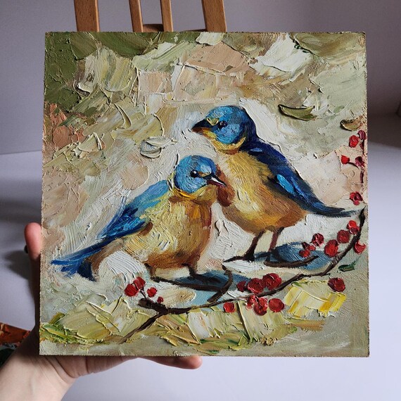 鳥の油絵 2羽の鳥の絵 厚塗り油絵 鳥の絵 壁アート 10 x 10