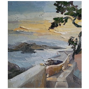 Santorini Greece Oil Painting Greece Sunset Landscape Mediterranean island  Painting Seascape Painting Wall Art 13 by 11 in