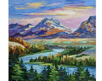 Grand Teton Painting,Lake Grand Teton,National Park Wyoming,Sunset Mountain Art ,Wall Art,10 by 10 inches