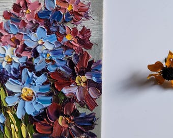 忘れな草の油絵：パレットナイフの花のアート（4x4インチ） - Etsy 日本