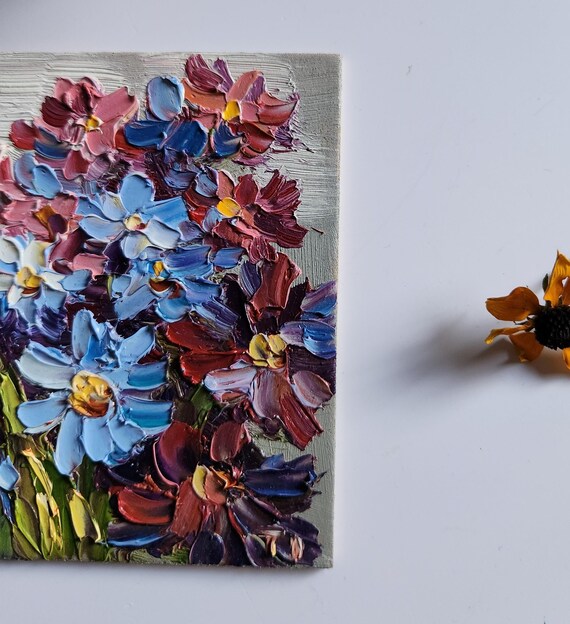 忘れな草の油絵：パレットナイフの花のアート（4x4インチ） - Etsy 日本