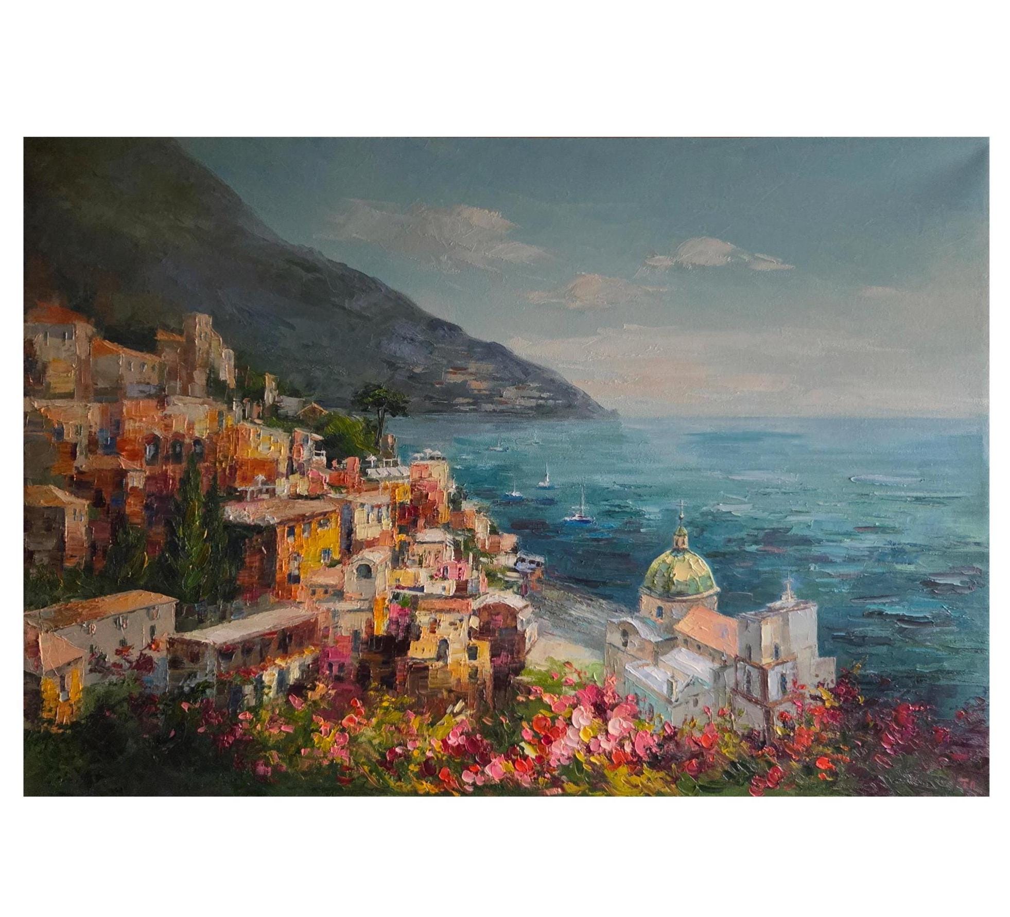 ポジターノのオリジナル油絵：アマルフィ海岸イタリアの都市景観アート