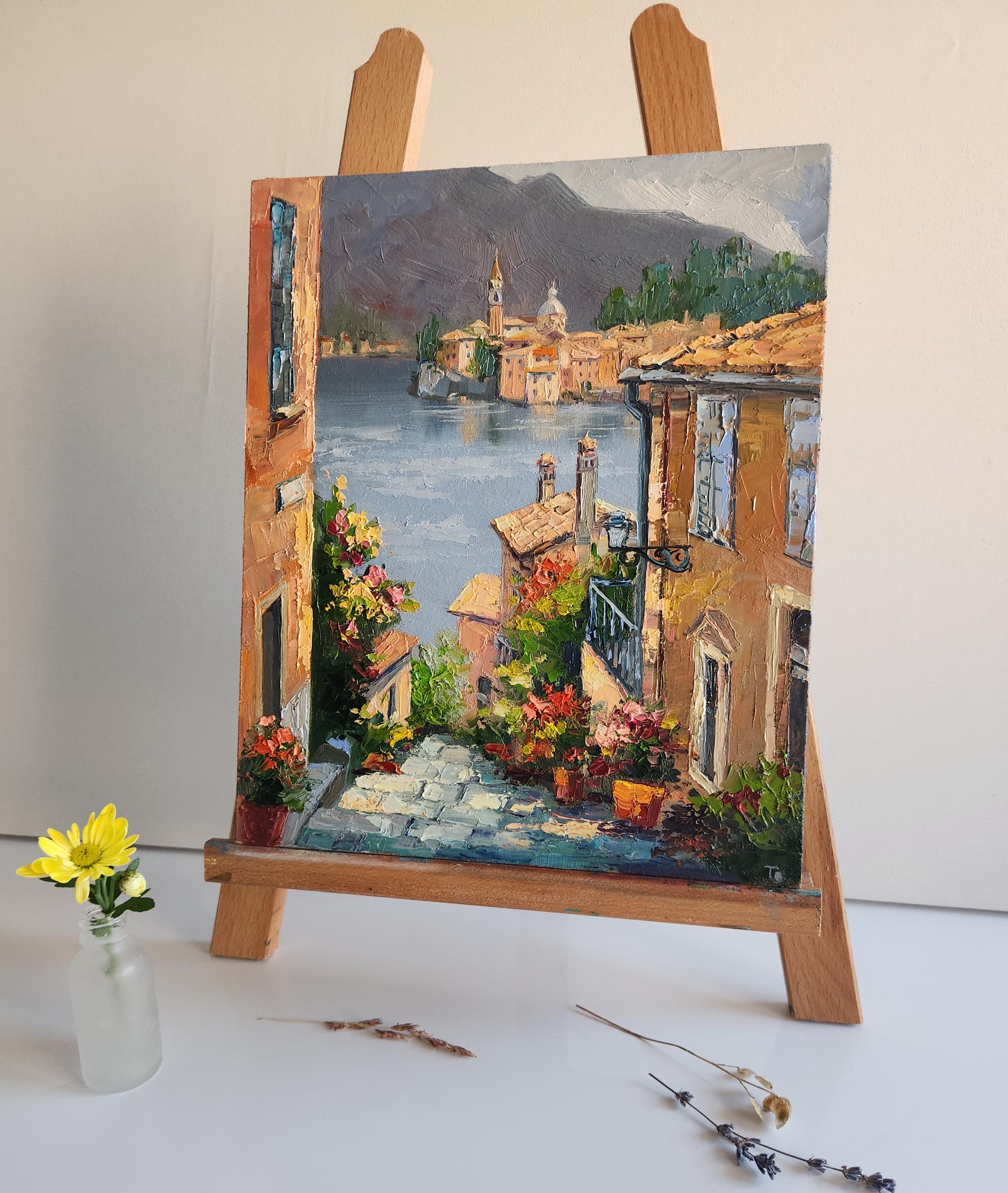 コモ湖の街並みを描いた油絵：イタリアの風景画（12 x 10インチ
