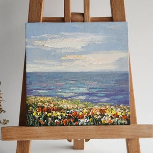 Ocean Wall Art California Seascape Oil painting Flower Field Landscape painting wall decor 6 by 6 inches