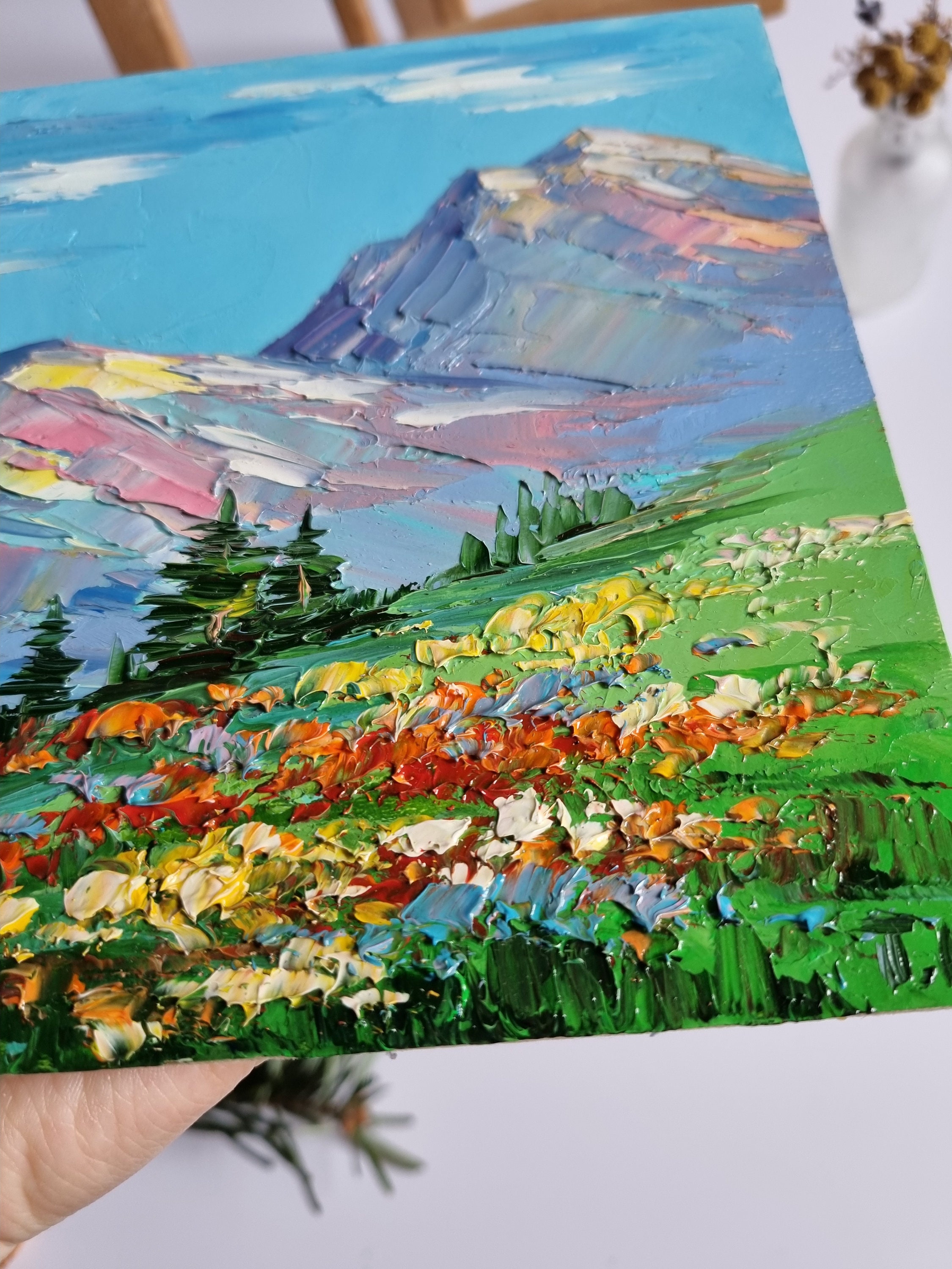 アルプスの風景画、山の風景画、山の花、花の絵画、壁アート