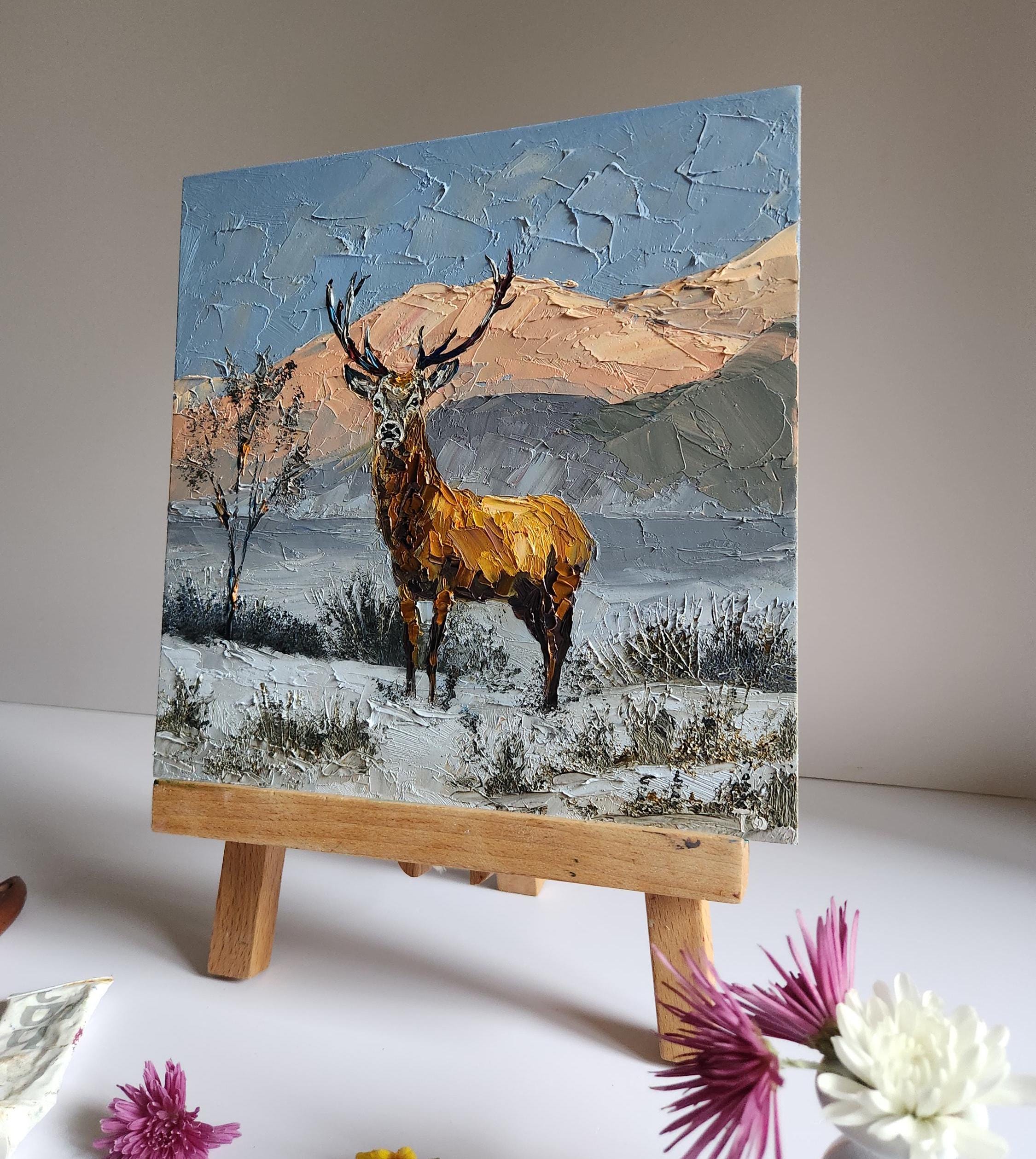 オリジナルの鹿の油絵：ジャスパー風景野生動物アート（10 x 10インチ