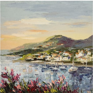 Positano Painting Amalfi coast art Amalfi Coast Boat Italy Landscape Floral Wall Art Landscape Painting 10 by 10 in