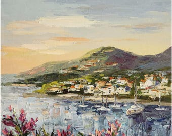 Positano Ölgemälde: Amalfiküste Boot Landschaftsbild (25 x 25 cm)