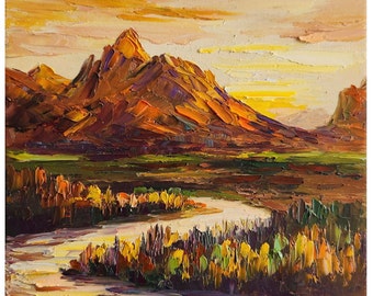 Grand Teton Sunset Oil Painting, Wyoming Mountain Art (8x8)