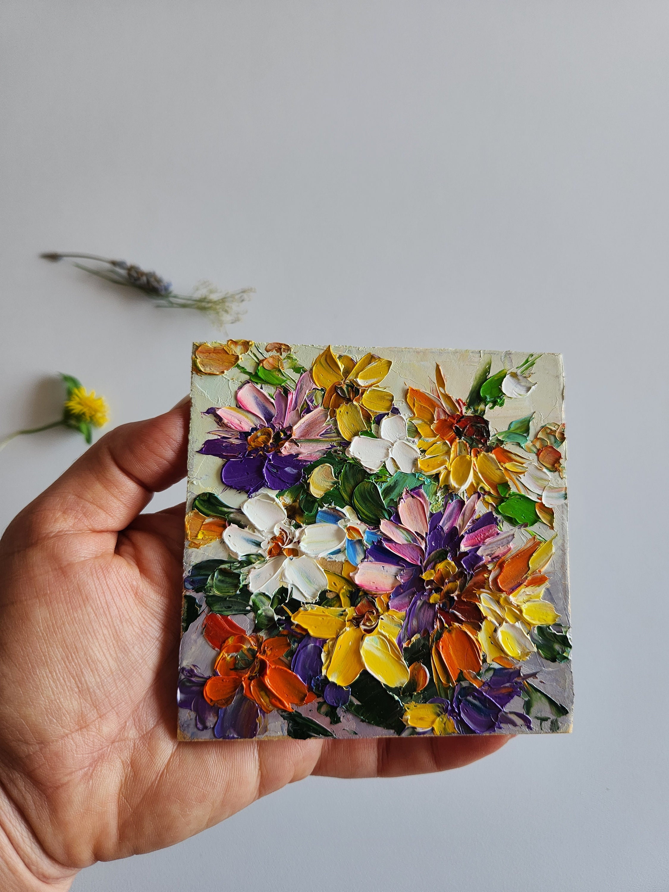 Impasto Floral Oil Painting, Daisy Bouquet, 4x4 Small Art - Etsy