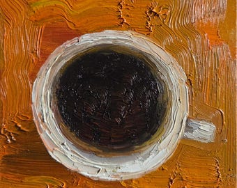 Espresso Coffee Oil Painting Impasto Cup of : Kitchen Still Life Art (5x5 in)