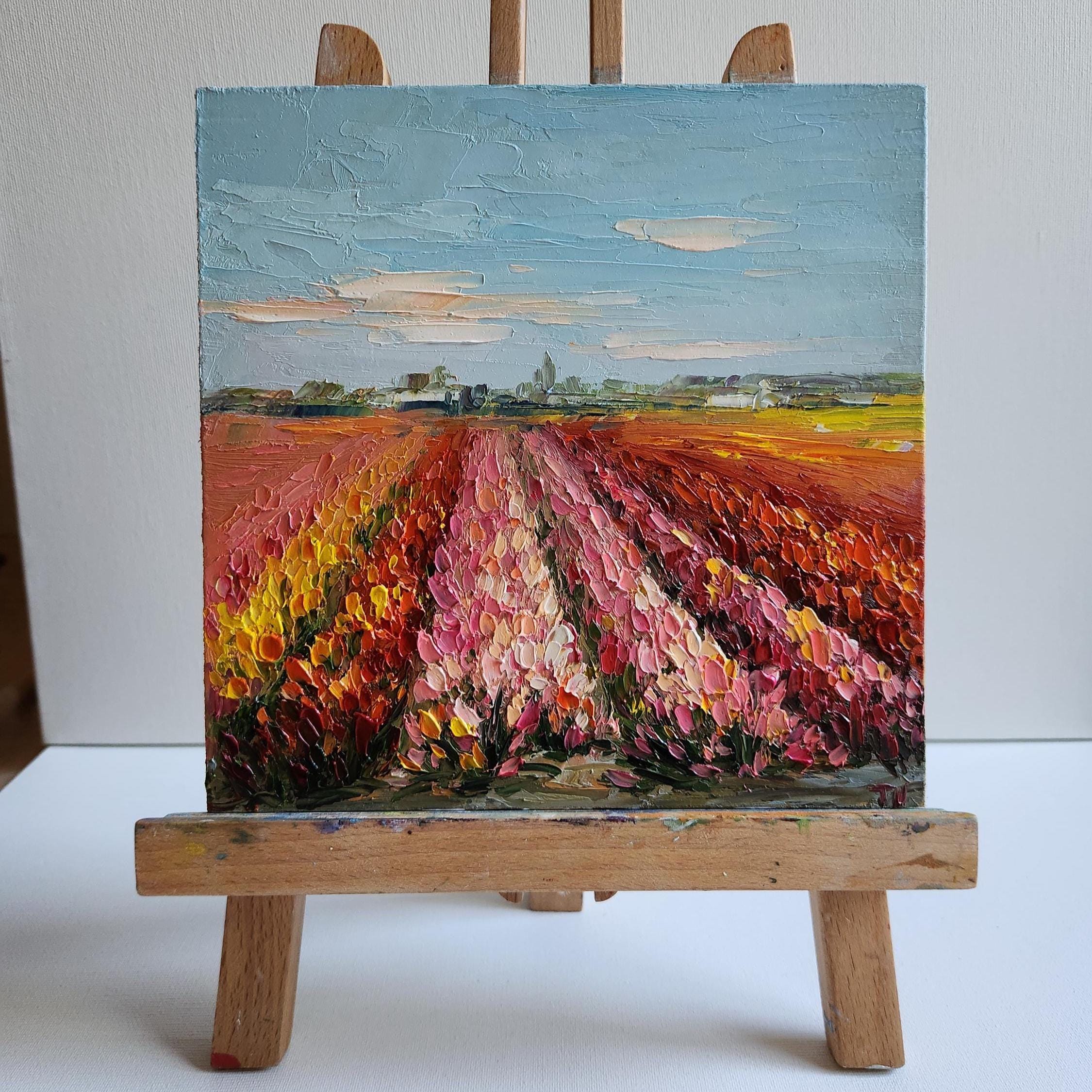 オランダのチューリップ畑の油絵：カラフルな風景画、8 x 8インチ