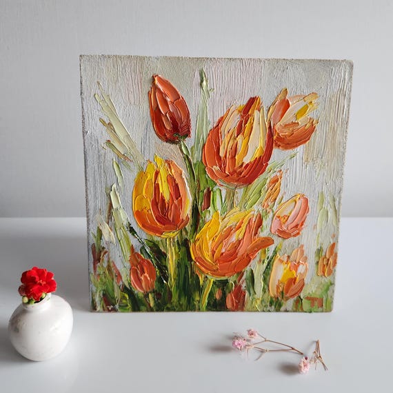 チューリップの油絵：カラフルな花のインパスト、6x6インチ - Etsy 日本
