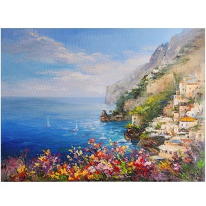 Positano Painting Large Amalfi Oil Painting coast art Amalfi Coast Italy Landscape Floral Wall Art Landscape Painting 24 by 32 inches