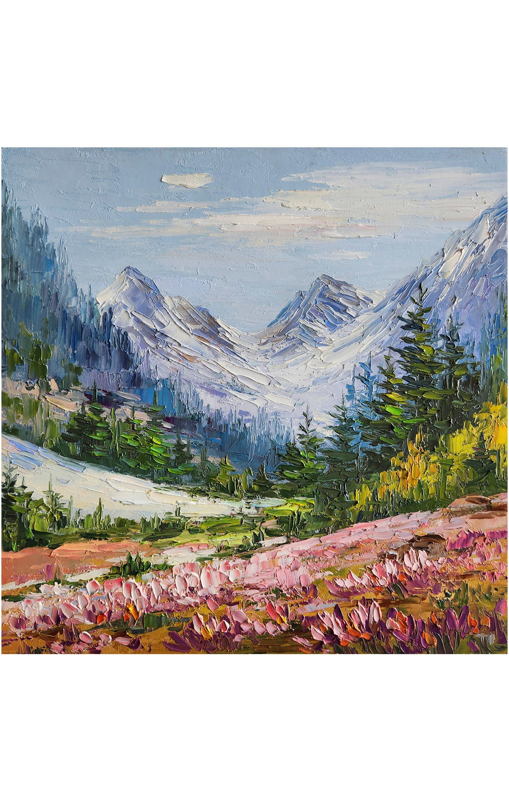 オリジナルアルプス山の風景油絵 夏の花畑の厚塗り絵画 6 x 6インチ