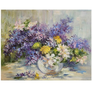Lilac Bouquet oil painting original oil canvas flowers Lilac Painting Spring Flowers Flower Wall Art Flower Still Life Painting, 14 by 18 in