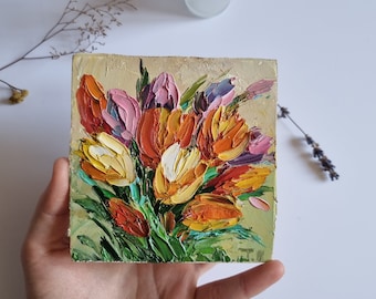 Tulips Painting Colourful Tulips Painting Small Oil Painting Floral Painting Wall Art 4 by 4 Inches