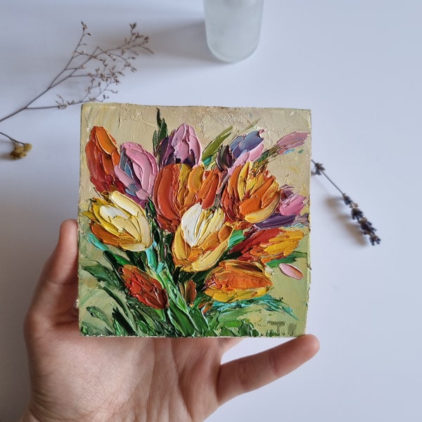 Peinture de tulipes, peinture de tulipes colorées, petite peinture à l'huile, peinture florale, art mural, 4 x 4 pouces