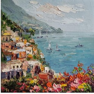 Positano Painting Amalfi Oil Painting coast art Amalfi Coast Italy Landscape Floral Wall Art Landscape Painting 8 by 8 in