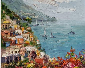 Positano Amalfi Coast Oil Painting: Floral Italian Landscape Art