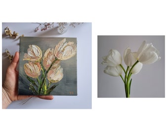 Pittura di tulipani, Pittura di tulipani bianchi, Fiori primaverili, Piccola pittura a olio, Pittura da foto, Pittura floreale, Arte della parete, 6 da 6 pollici