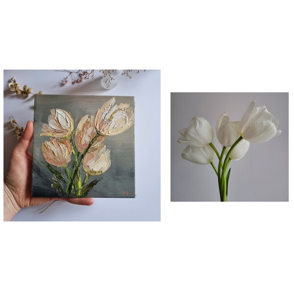 Peinture de tulipes, peinture de tulipes blanches, fleurs de printemps, petite peinture à l'huile, peinture d'après photo, peinture florale, art mural, 6 x 6 pouces