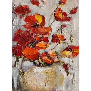 Original Poppy Painting Red Poppies Flower Bouquet Floral Impasto Oil Impasto Flower Art Nursery Wall Art 12 by 8 inches