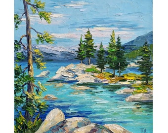 Lake Tahoe Painting ,Landscape Painting,Mountain Art California ,Landscape Wall Art ,Home Gifts,10 by 10 inches