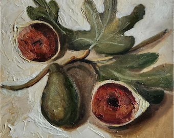 Fig Oil Painting: Impasto Still Life, Kitchen Wall Art (8x8)