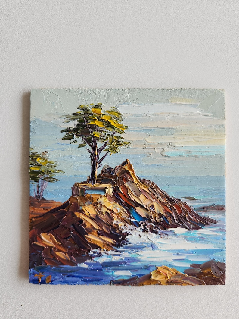 The Lone Cypress Painting,Monterey Painting,Pebble Beach California Painting,Wall Art,4 by 4 inches image 2
