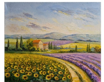 Tuscany Painting Sunflower,Landscape Painting,Tuscany Vineyard,Sunflowers Canvas Art, Impasto Oil Painting,Large Wall Art 16 by 19