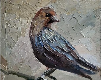 May include: A painting of a brown and blue bird with a light brown background. The bird is perched on a branch and is looking to the right.