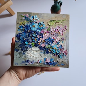 Forget-Me-Not Painting Floral Painting Flower Wall Art Small Painting Lilac Bouquet Still Life Painting Impasto Painting 6 by 6 inches