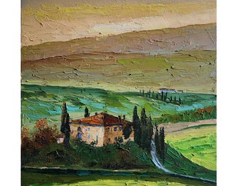 トスカーナ風景油絵：紫の茂み、イタリア印象派美術（12 x 8インチ