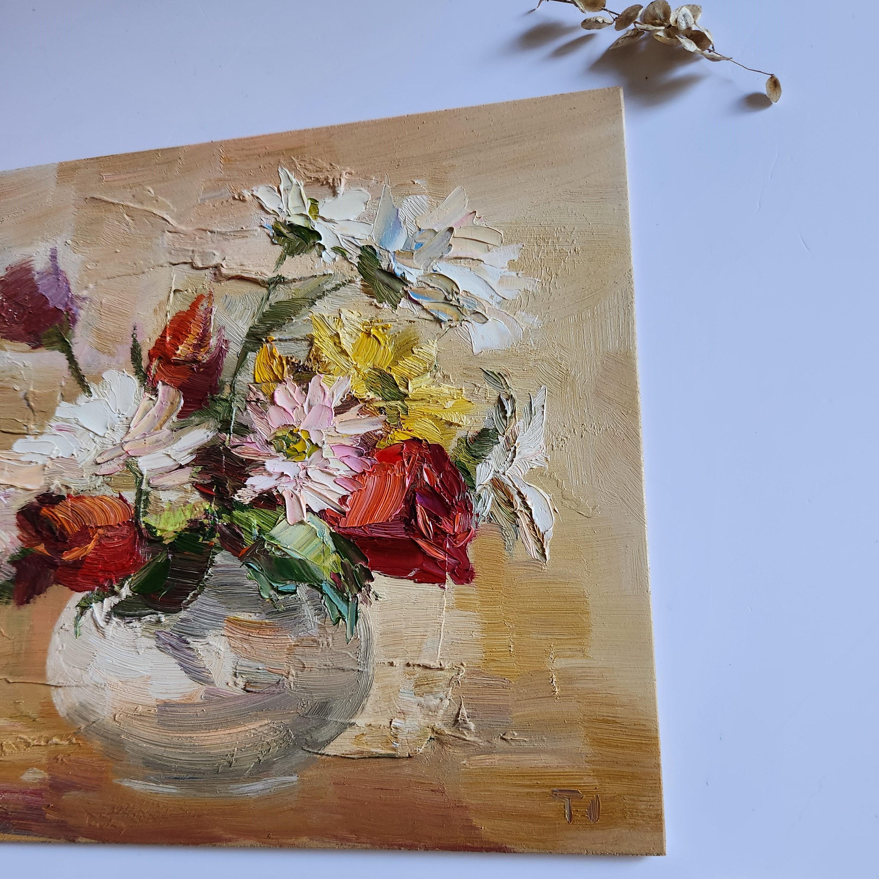 オリジナルの夏の花の油絵：パレットナイフのバラの花束、8 x 8インチ
